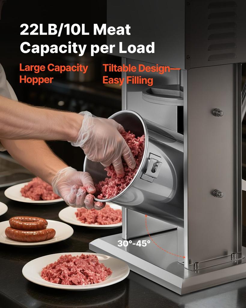 Electric Sausage Stuffer, 22 LBS / 10 L Vertical Meat Stuffer, Stepless Speed Control and Foot Pedal, Stainless Steel Heavy Duty Sausage Filler with 4