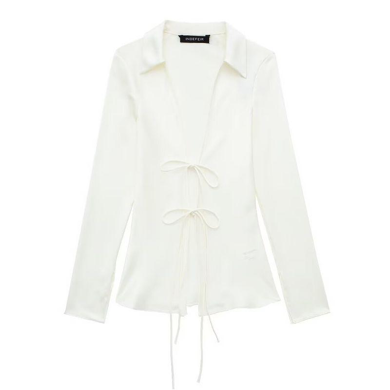 

Kaslead New Arrival Women s Fashion Style Fashion Casual Bowknot Decoration Silk Satin Textured Shirt 3160650 White S