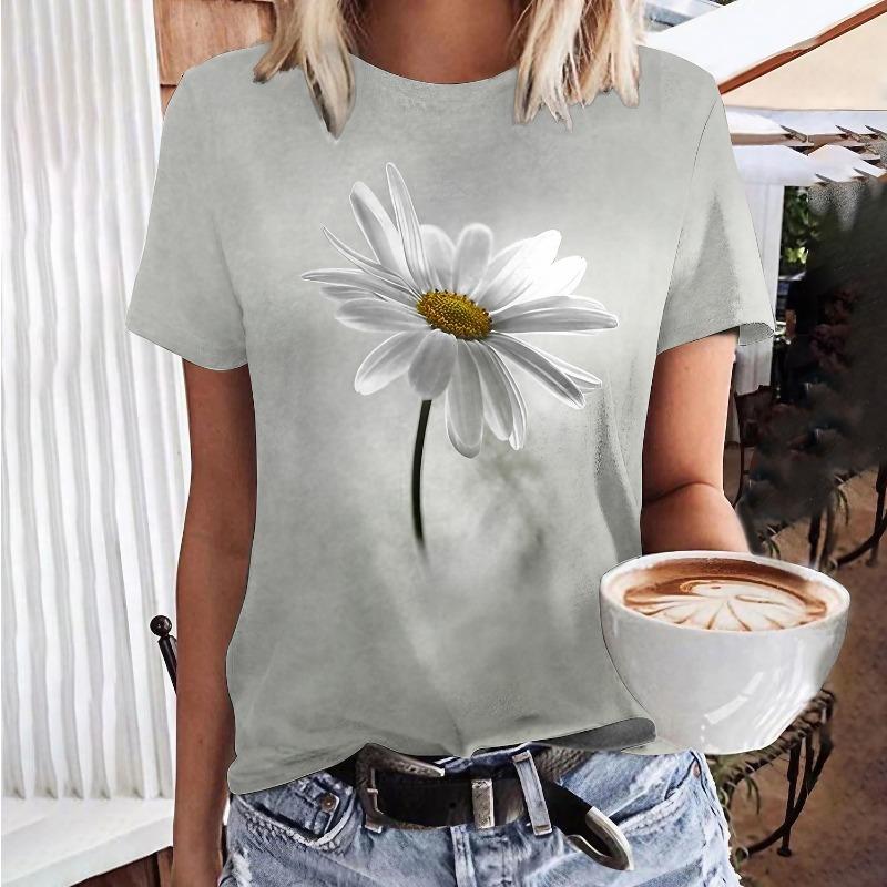 

Women s T Shirt Basic Floral Print Short Sleeve Regular Tops Round Neck Casual Holiday Weekend Black Gray S