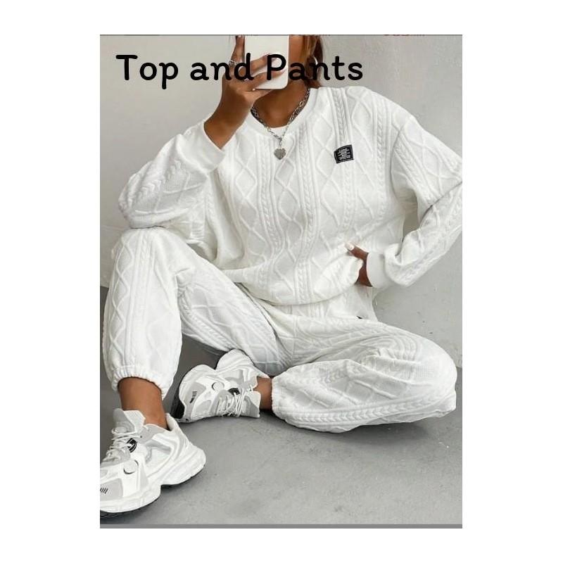 Autumn Winter Trendy Geometric Pattern Knit Pantsuit For Women Casual Lounge Wear