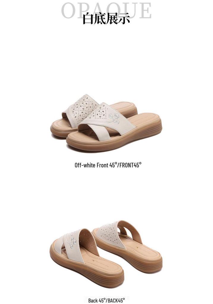 Red Dragonfly Women's Genuine Leather Non-slip Summer Slippers - Hollow Flat Bottom Cowhide Sandals for Middle-aged and Elderly.