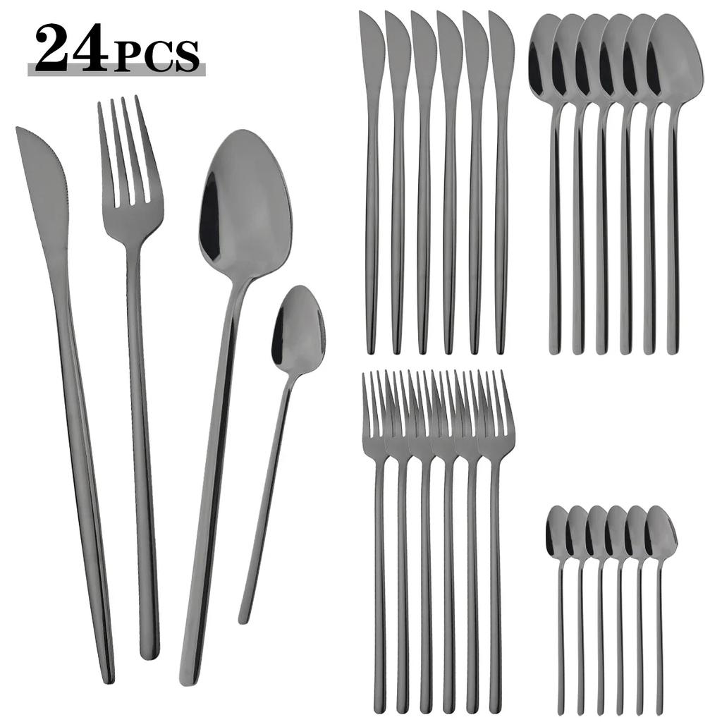 24pcs Black Mirror Dinnerware Set Knife Fork Coffee Spoon Cutlery Set Stainless Steel Flatware Western Party Kitchen Tableware