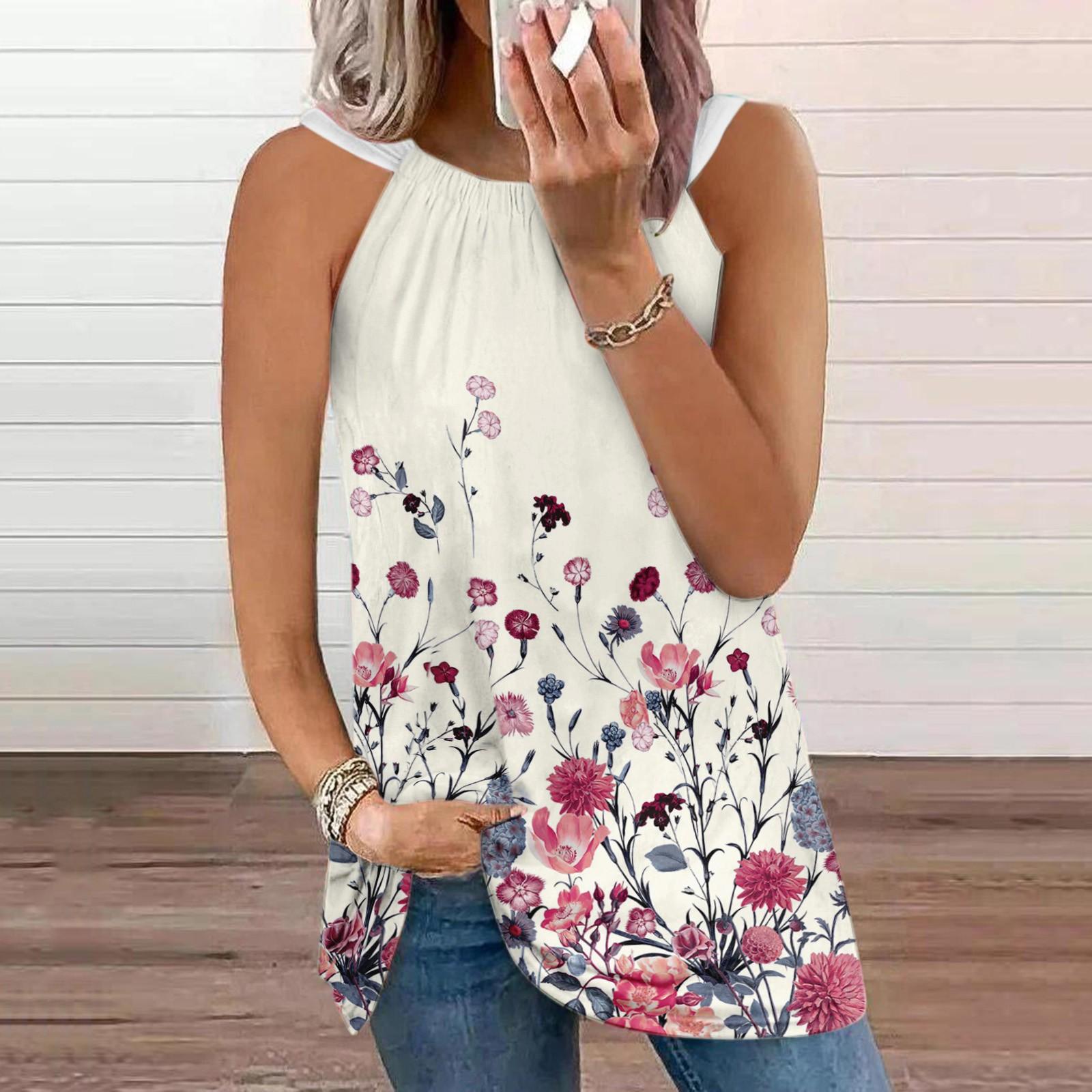 

Женская мода, летняя туника без рукавов с градиентным цветочным принтом и круглым вырезом M розовый