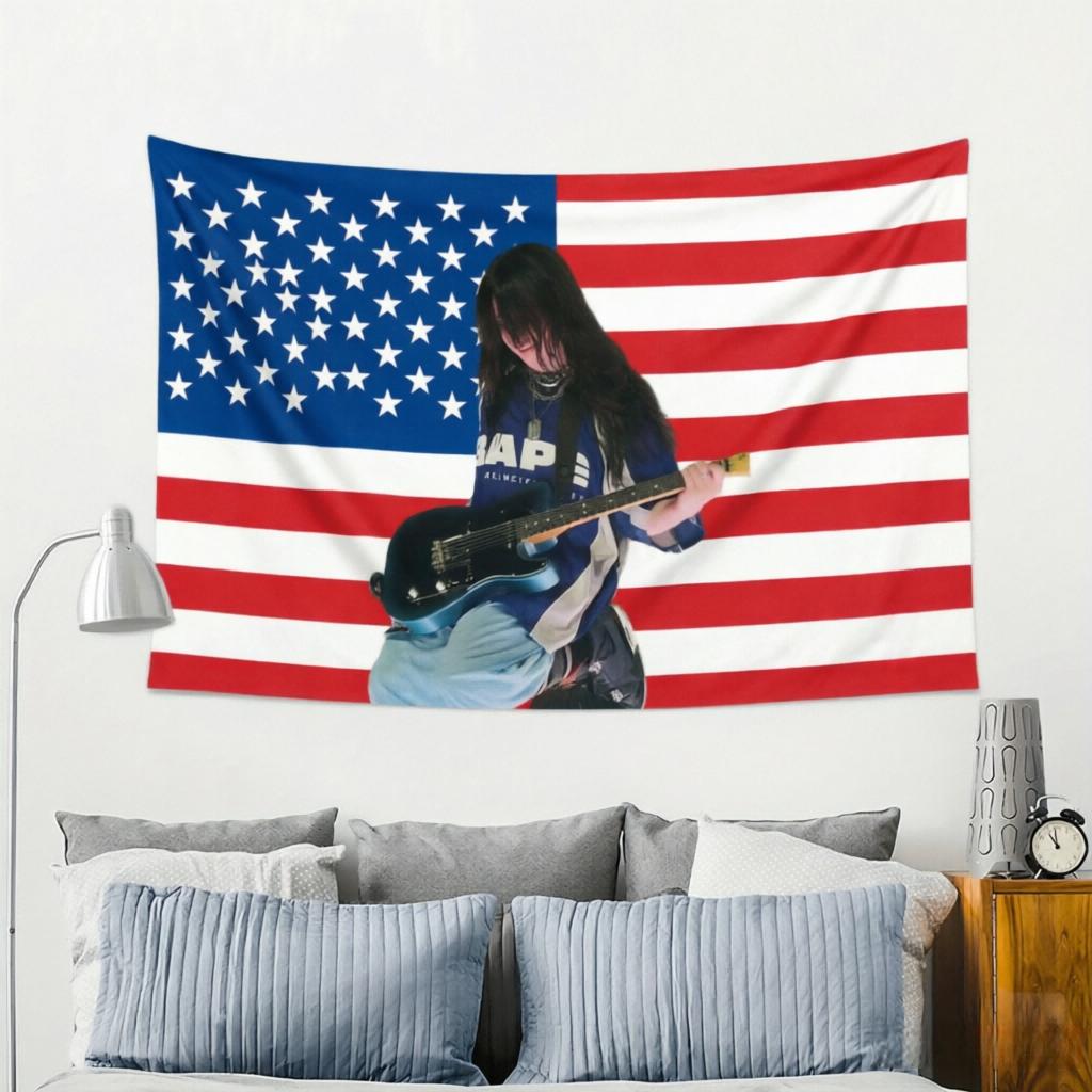 1pc B-Billie Music American Flag Tapestry, Horizontal Display, Free Installation Kit, Multi-Room Home Decor