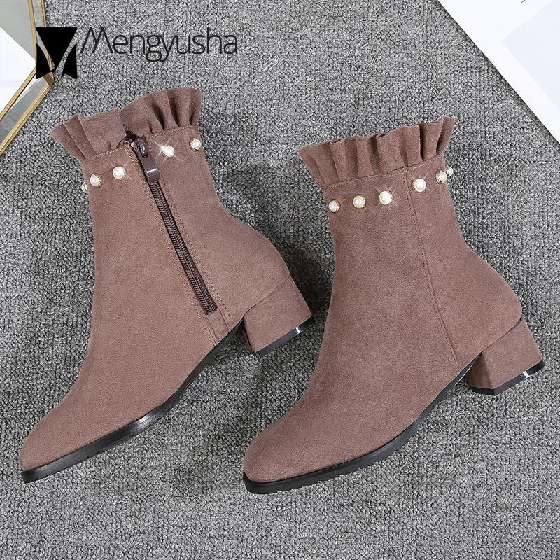 Fashion 41 42 43 Big size women winter booties suede leather ruffles short snow boots girls pearl decorate mid-calf plush botas shoes
