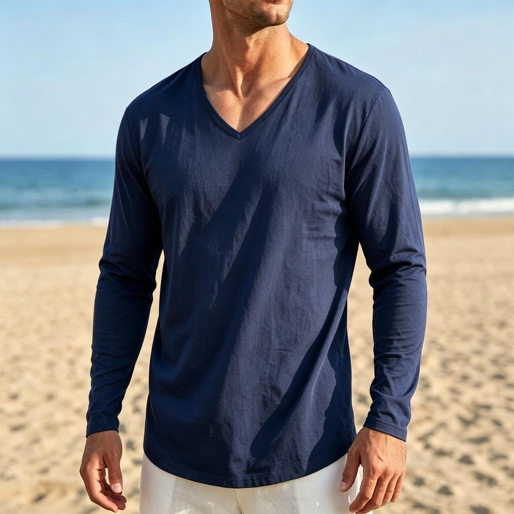 T-shirt da uomo a maniche lunghe con scollo a V, ad asciugatura rapida, leggera, traspirante, vestibilità comoda per primavera ed estate