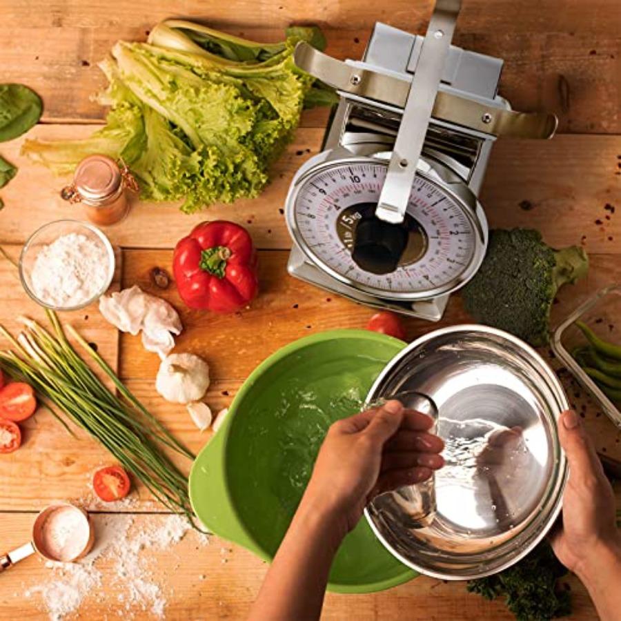 11lb Analog Mechanical Kitchen Weighing Food Scale with Bowl Tare Function Retro Style Stainless Steel