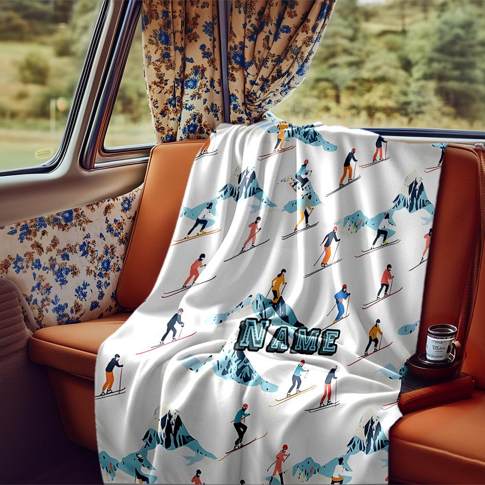 Skiing Adventure On Snowy Peaks With Skiers Blanket Personalized Name Soft Comfortable Stylish Blanket Car Blanket Perfect For Travel Camping Outdoor
