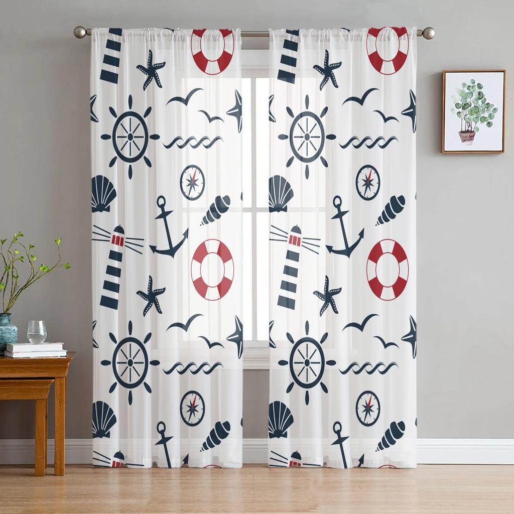Sheer Watercolour Lighthouse Big Surf Seabird Curtains Living Room Bedroom Decoration Window Voiles Morning Tulle Curtain Polyester Washable Great