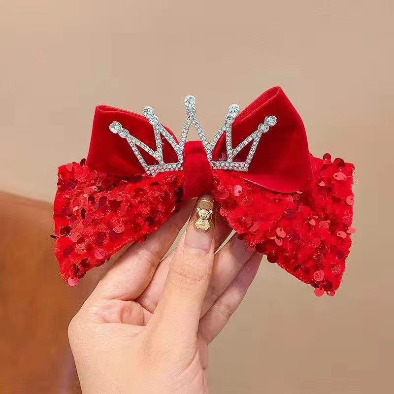 Girls' Bun Hairstyle Red Bow Hair Clip – Princess Headwear Accessory for Women & Children
