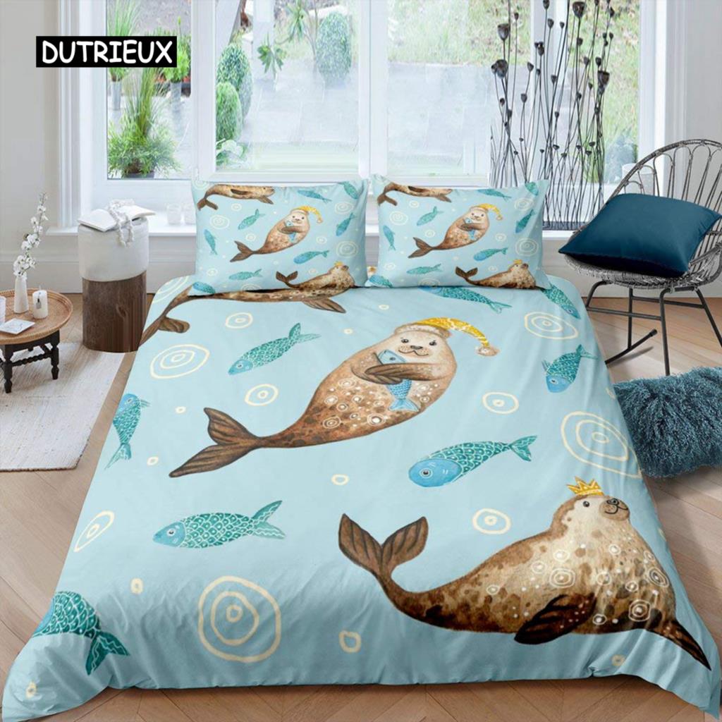 

Пододеяльник с изображением тюленя размера King, милый комплект постельного белья с изображением тюленя, милый экзотический стиль океана, 2/3 шт., полиэстеровое одеяло с изображением морской жизни EU single(135x200cm)