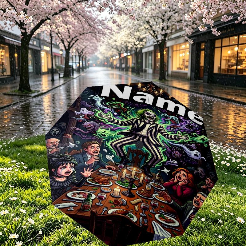 Custom Name Personalized Bride of Chucky Print Umbrella, Auto Open Close, 8‑Rib Sturdy Frame, Commute Camping Hiking Use, Birthday Gift