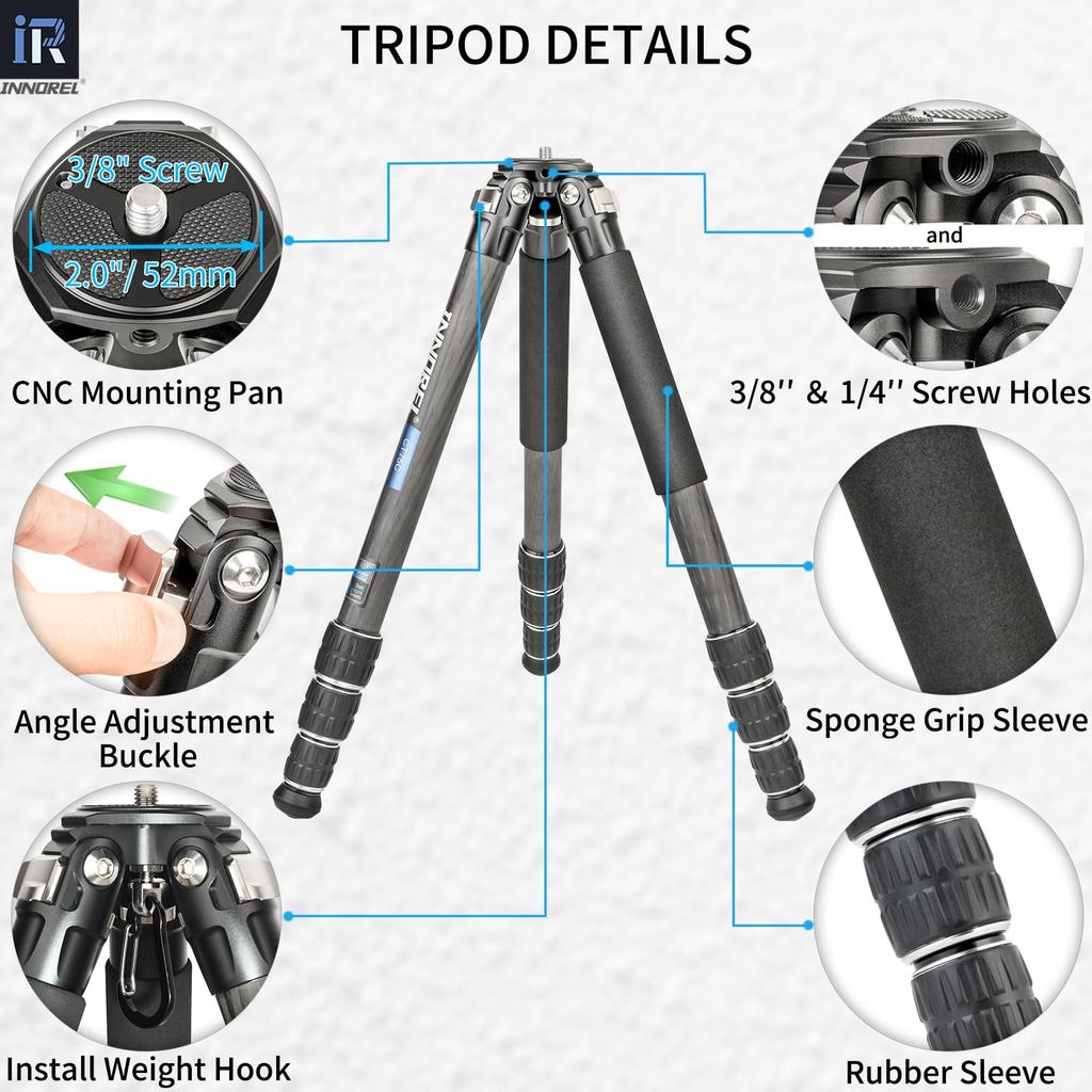 INNOREL Carbon Fiber Camera Telescopic SLR Working Pipe 20kg Maximum Load Panoramic Macro Video Digital Portable Tripod with Center Pole and Bag