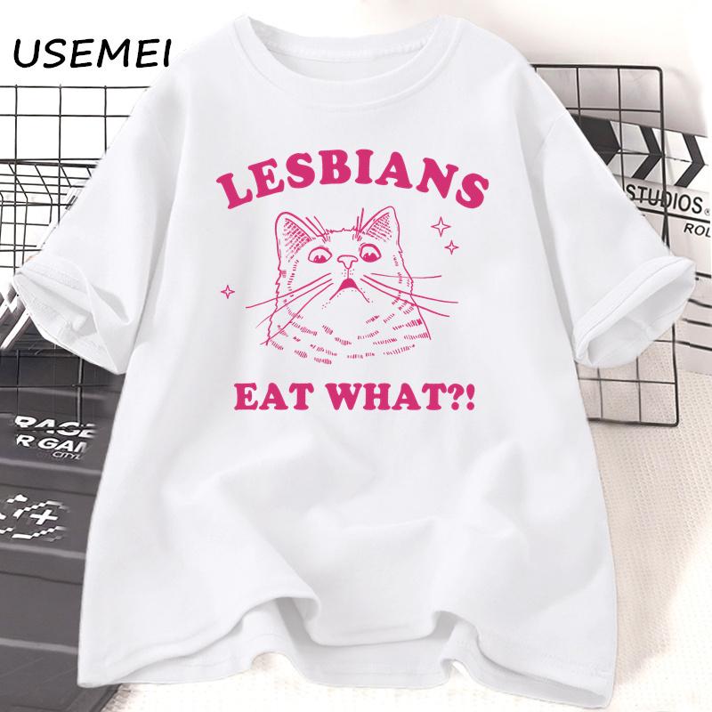LGBT Lesbians Eat What Cat T Shirts Funny Gay Pride T-Shirts LGBTQ 90s Cat Lover Graphic T Shirts Aesthetic Women's Clothing Top