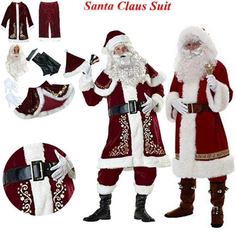 Christmas Party Santa Claus Suit Man Adult Cosplay Christmas Costume Red Deluxe Velvet Fancy Set Xmas Family Costume