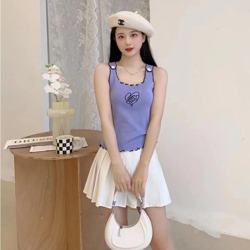 New Summer Design Simple Temperament Sweet Contrasting Color Embroidered Knitted Vest Suspender Top