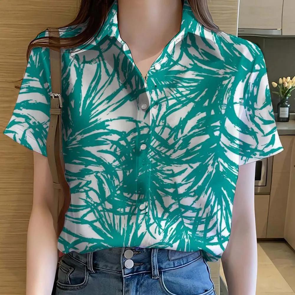 Womens Shirts Hawaiian Tropical Plant Leaves 3D Printed Tops Casual Short Sleeve Button Beach Shirt Summer Women's Clothes