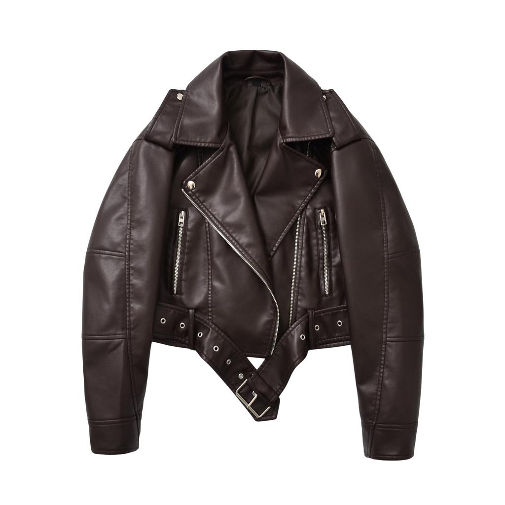 Women's Washed Leather Jacket with Belt, Short Coat with Downgraded Zipper and Vintage Lapel Jacket