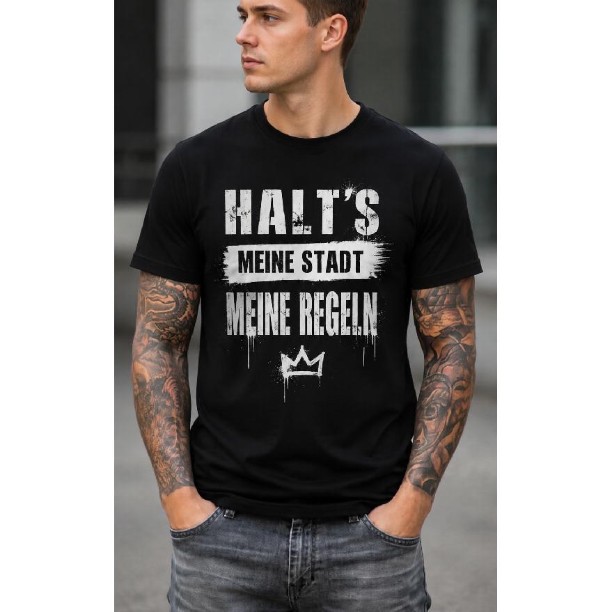 Men s black graphic tee with german text halt s meine stadt meine regeln crown print, short sleeve crew neck soft cotton casual streetwear S чёрный