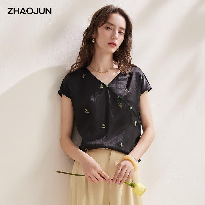 Zhaojun Women s Xiangyun Silk Embroidered Short Sleeve Top L
