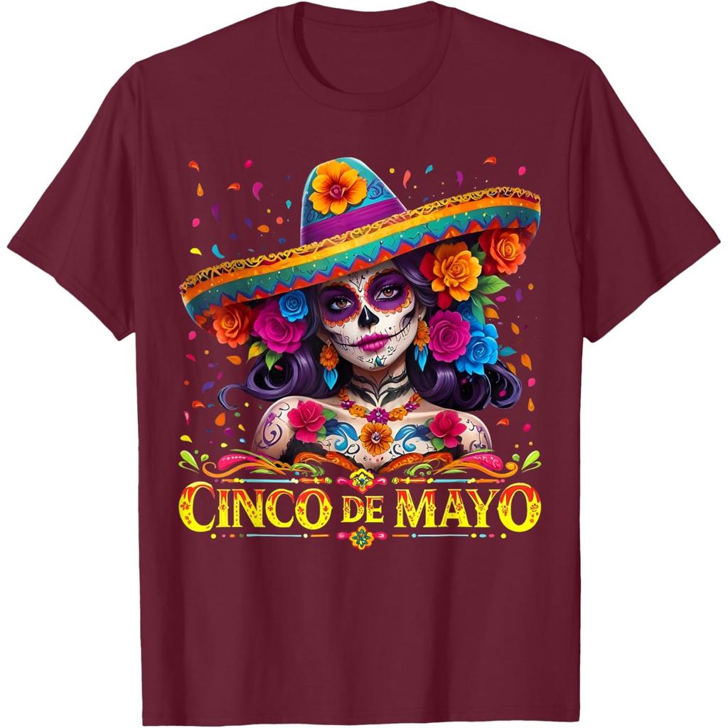 Cinco De Mayo Sugar Skull Women Sombrero Graphic T-Shirt Casual Cotton Tee