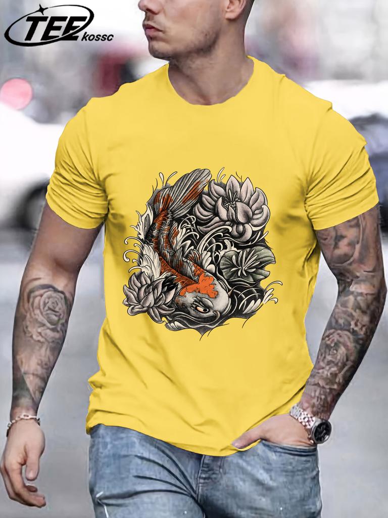 Japanese Harajuku Lotus Koi Print T Shirt Men Fashion AllMatch Streetwear Crewneck Cotton Clothing Unisex Summer Loose TShirts