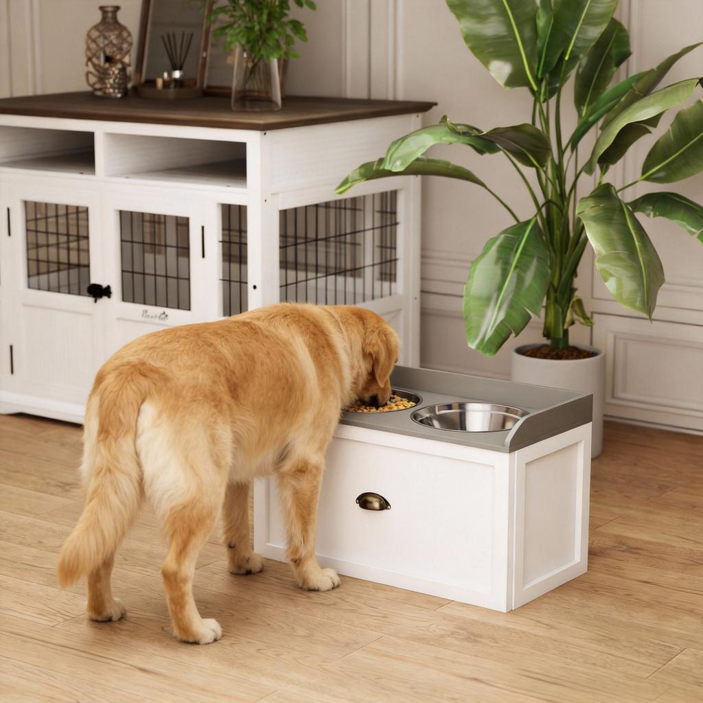Raised Stainless Steel and Wood Dog Bowls with Drawer, 60x30x36cm, White and Grey