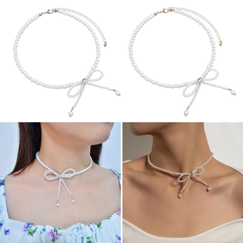 Bowknot Neckchain Girl Simple Imitation Pearls Choker Chain Aesthetic Jewellery