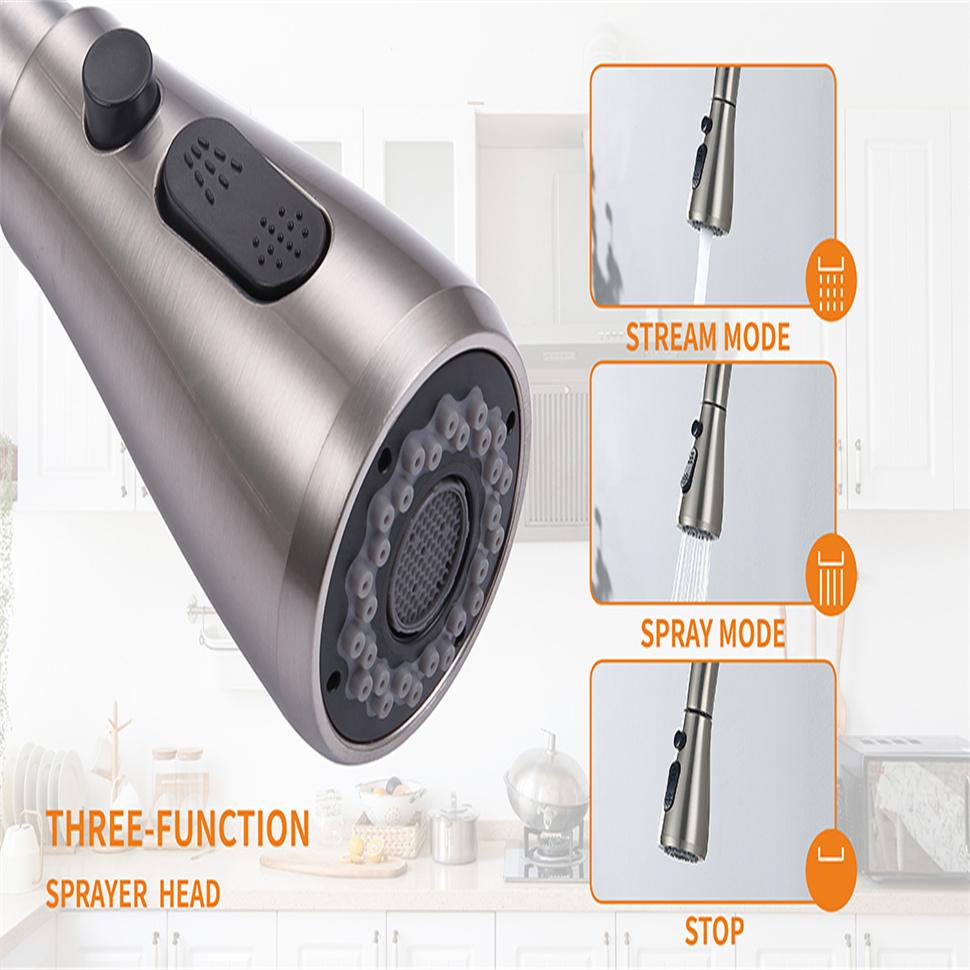 304 Stainless Steel Pull-out with One-button Water Stop 360 Rotating Telescopic Faucet, Hot and Cold Water Mixing, Brushed Type