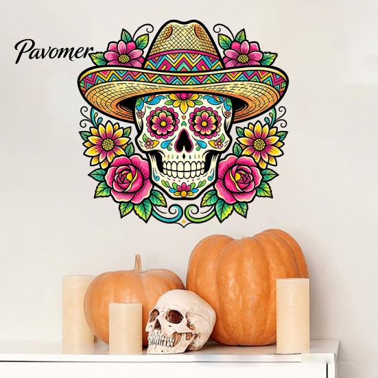 Removable PVC Holiday Murals Flower Skull Wall Sticker, Day of The Dead Decorative Customizable Vinyl Graphics Decals, Waterproof Stickers for Windows