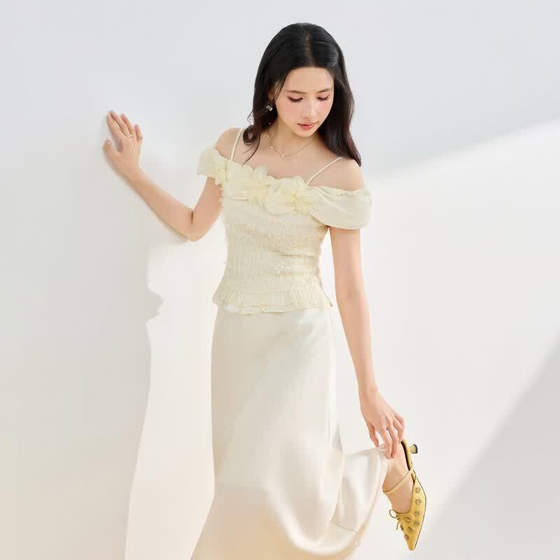 IEFIEF French Sweet Off-Shoulder Ruffle Top