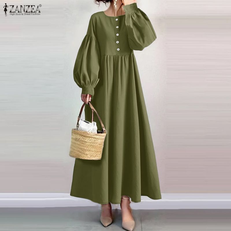 ZANZEA Rochie lejeră cu mânecă lungă, lejeră, cu gât rotund
