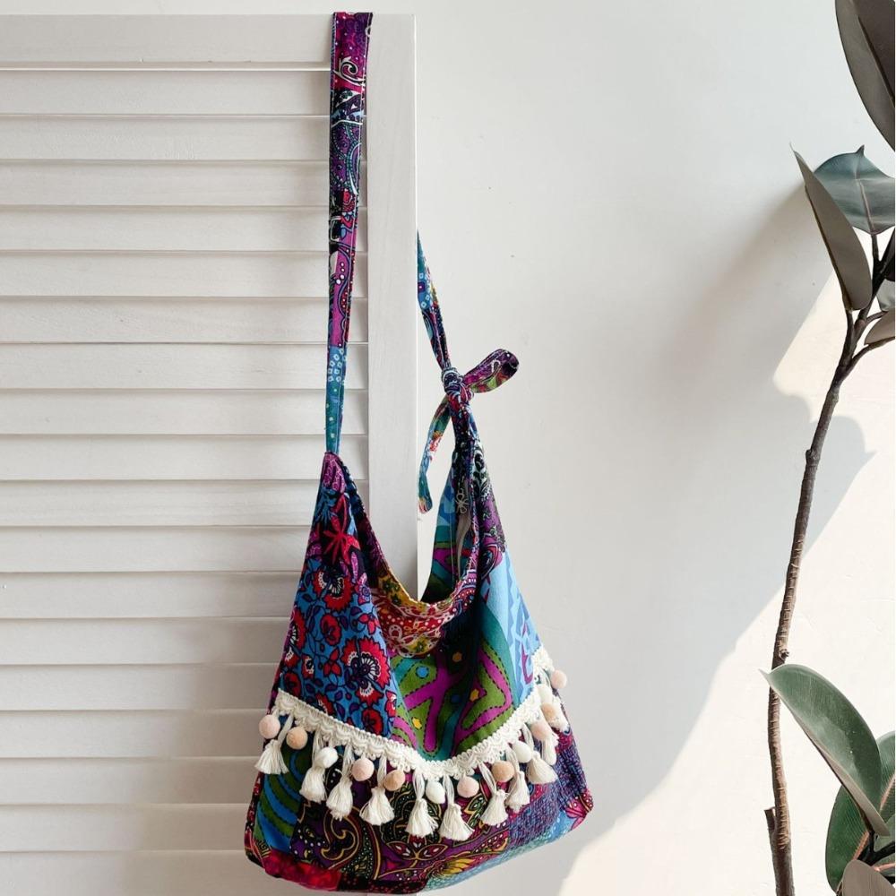 

Tassel Fringe Shoulder Bag Cloth Bohemian Tote Bag Portable Ethnic Style Crossbody Bag Women фиолетовый