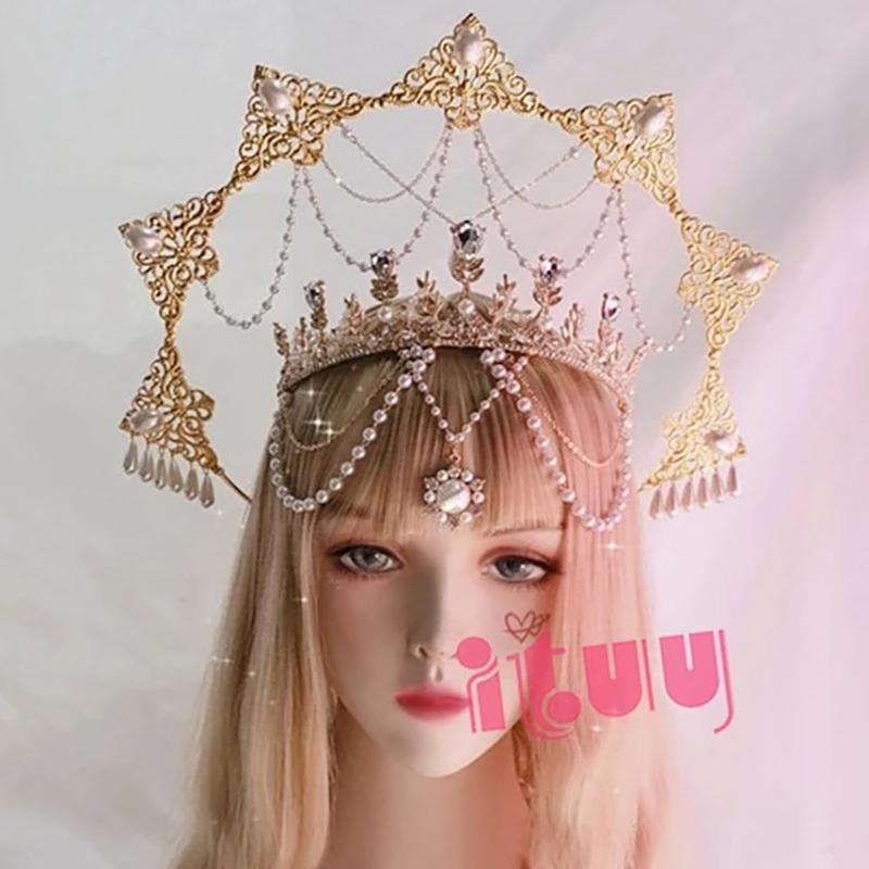 Crown Halo Headband Goddess Spiked Pearl Sun Pendant Halo Headpiece Cosplay Bridal Party Baroque Tiara Headwear Accessories
