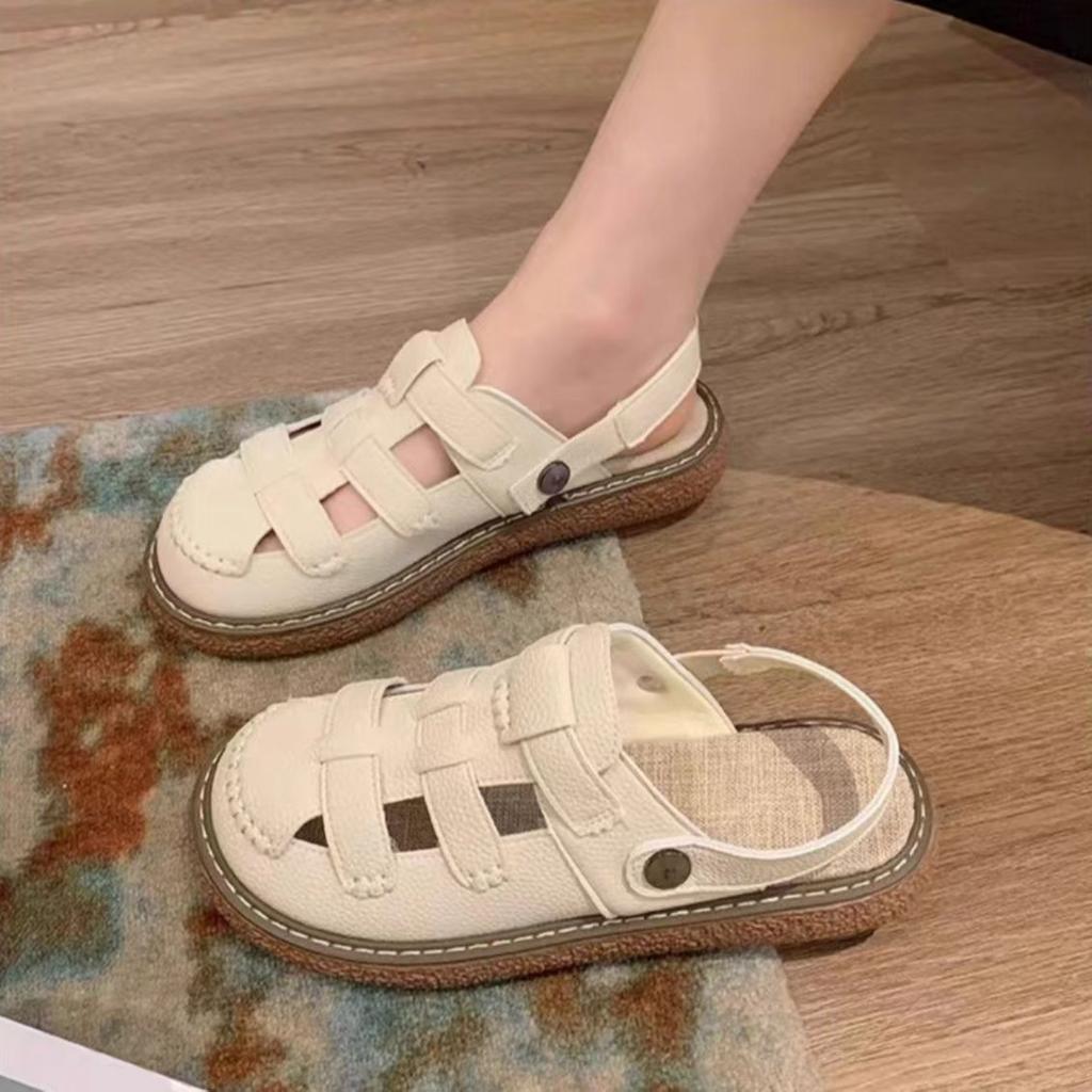 White big head ugly cute Boken half slippers 2025 summer new baotou hollowed Mori versatile Roman sandals women