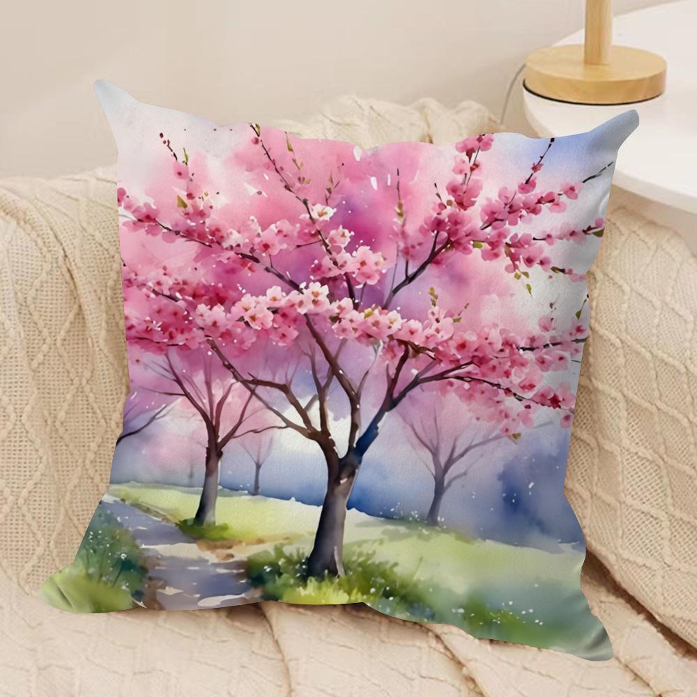 Cherry Tree In Spring Cushion Cover Soft Plush Fabric Double-Sided Printed Sofa Cushion Cover For All Seasons Home Decor Gift