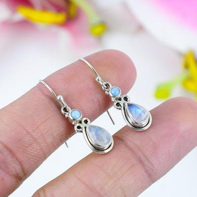 Solid 925 Sterling Silver Moonstone Larimar Gemstone Women Earring Birthstone Earring Charm Jewelry