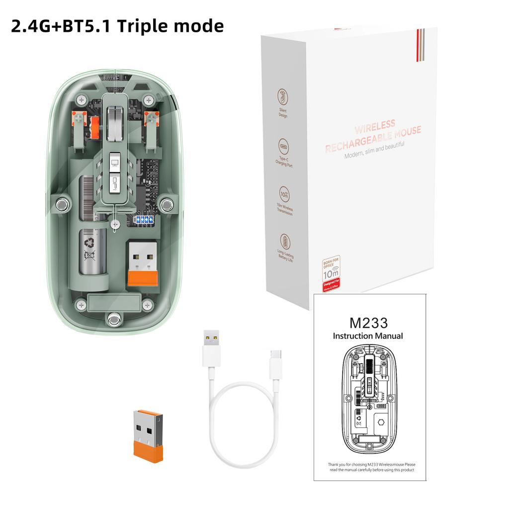 The Third Mock Examination Transparent Mouse 2.4G Wireless And BT5.1 Rechargeable Built-in 500mA Lithium Battery Mute