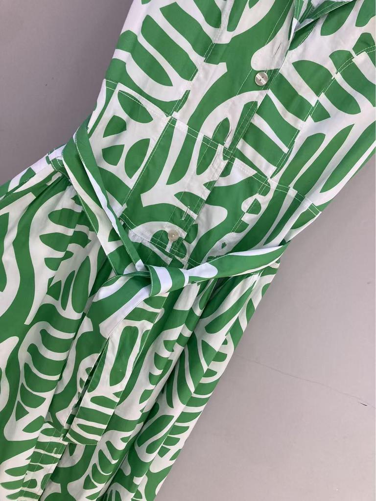 DVF Early Autumn Green & White Palm Leaf Dress with Waist Belt - Flattering Resort Fashion