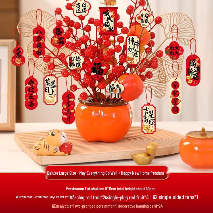 Housewarming Persimmon Ornament Set: Good Fortune Figurines for New Home Gifts and Moving-in Celebrations