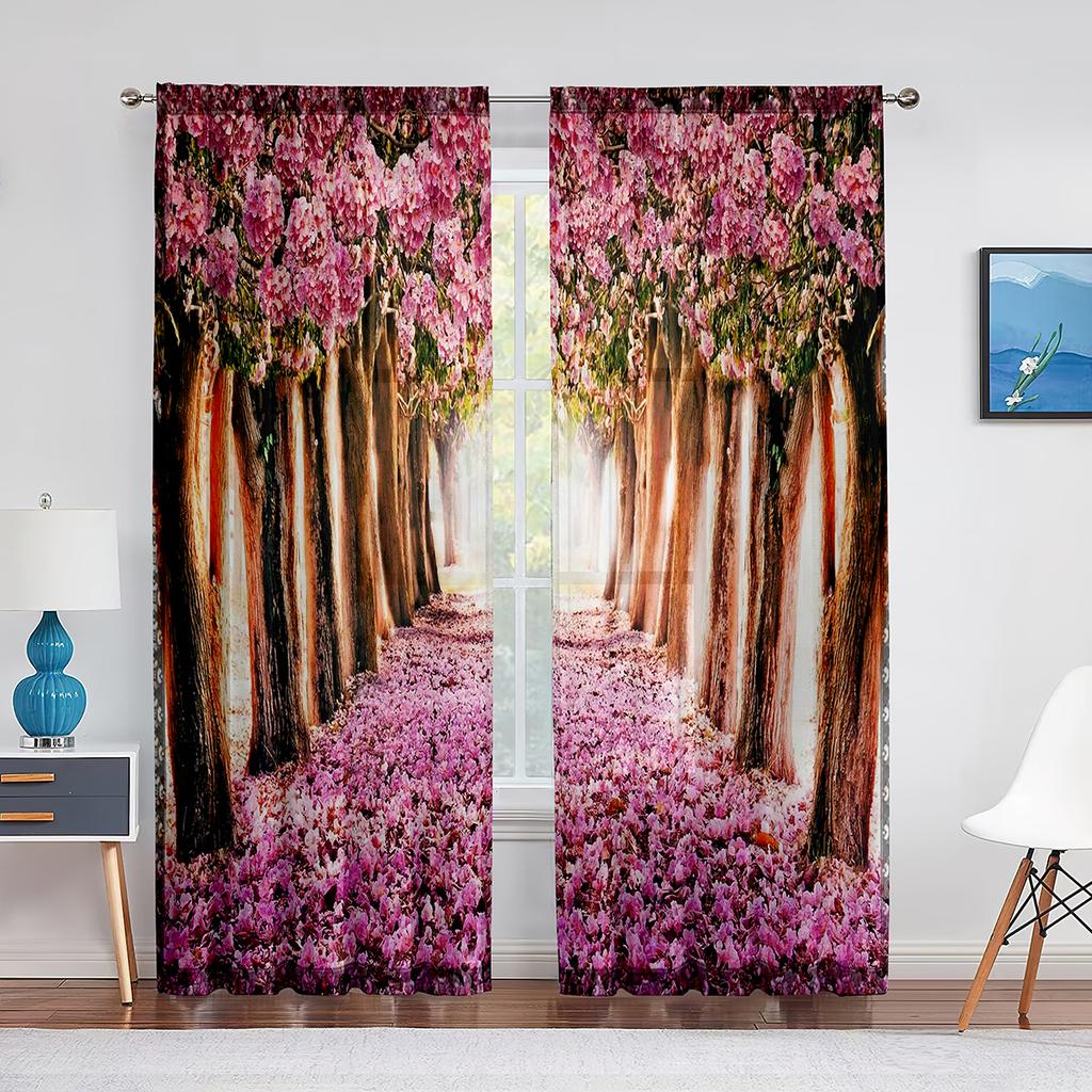 Pink Flowers Cherry Blossoms Park Spring Floral Trees Road Tulle Curtains for Living Room Chiffon Sheer Kitchen Bedroom Curtain