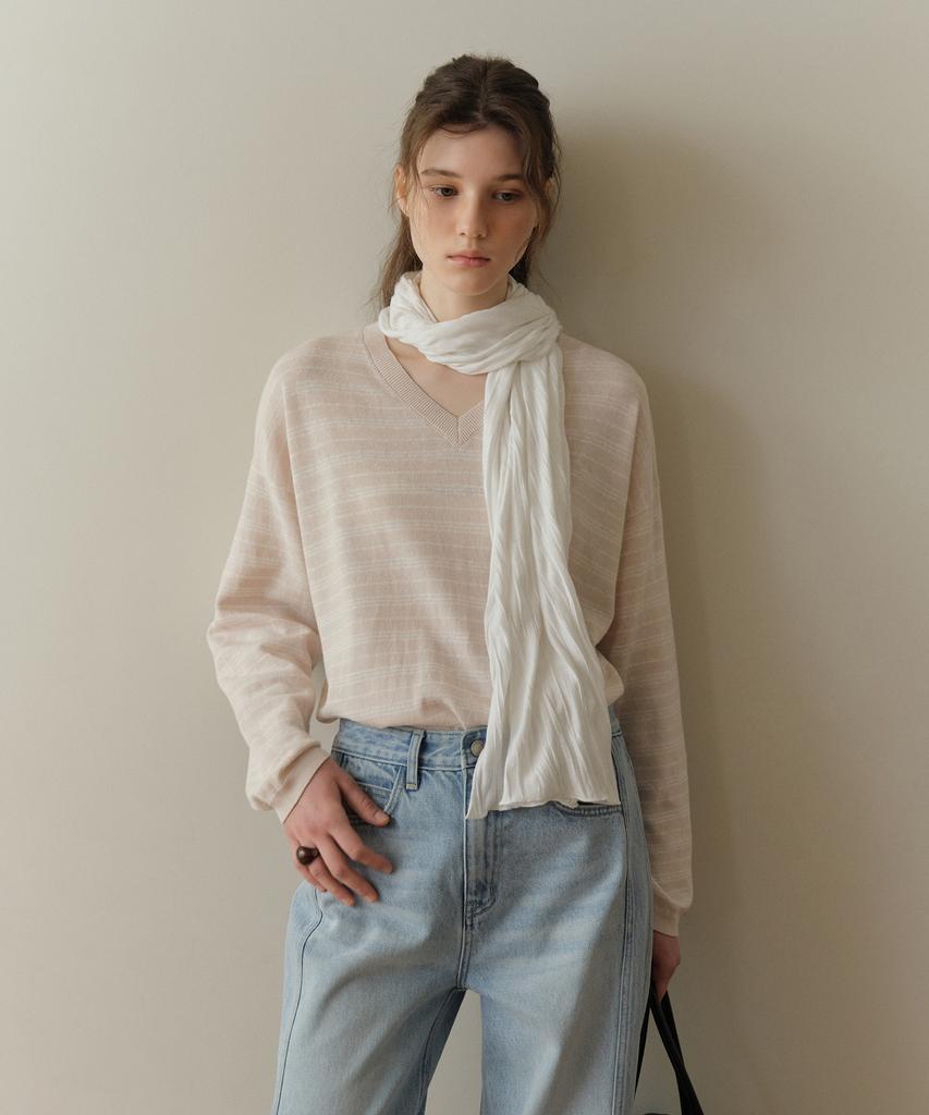 Poyueoaijeuonli If Stripe V-Neck Knit (Pink)