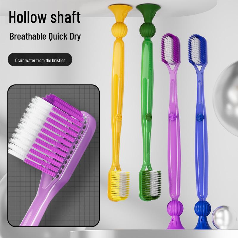

Hollow Shaft Toothbrush with Suction Cup Base - Deep Clean Ultra-Fine Bristles for Adults 2-pack [Green + Yellow]