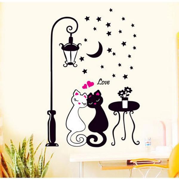Couples Cartoon Cats Wall Sticker Bedroom Living Room Wall Stickers Decorative Decals Cute Animals Home Decor Mural Art for Kids