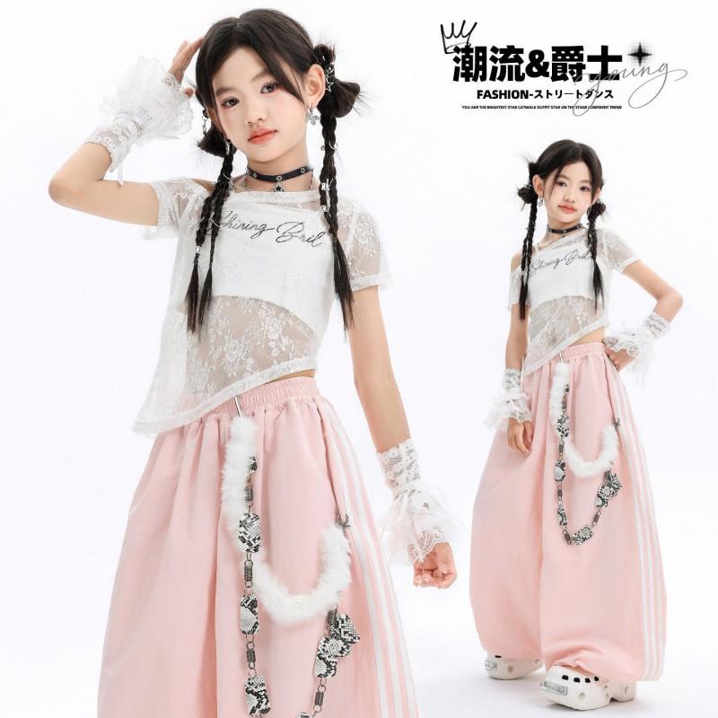 Girls Jazz Dance Outfit Hip Hop Street Performance Costume Kids Stage Wear With Lace Sleeve Top Pink Pants
