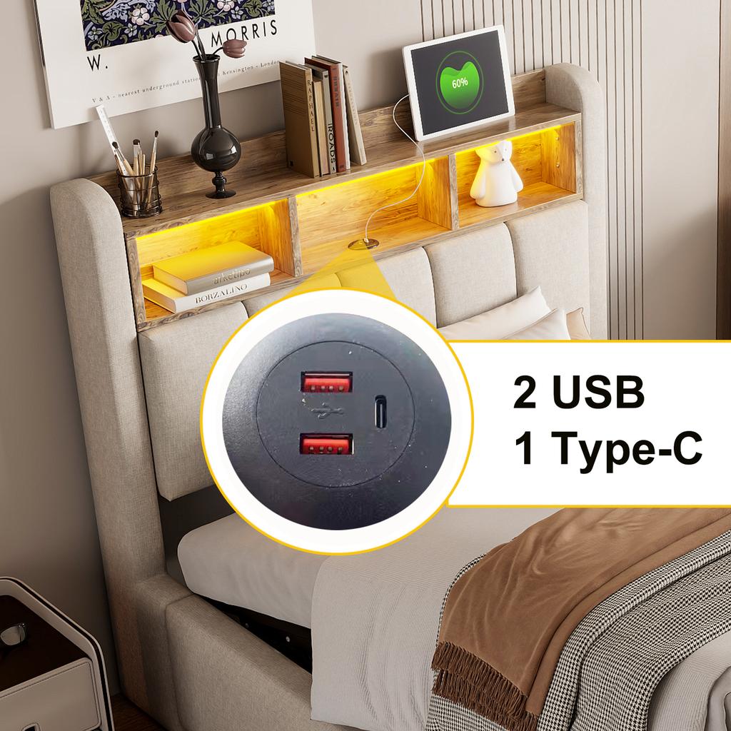 Letto imbottito 90*200cm con illuminazione LED e porta USB, testiera con mensole e spazio contenitore, letto singolo per bambini, beige lino