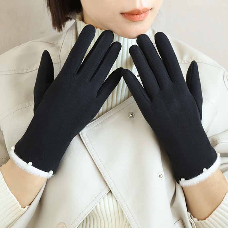 Winter Women Keep Warm Fashion Elegant Plush Wrist Cuff Pearl Gloves Luxury Fleece Soft Cycling Drive Touch Screen