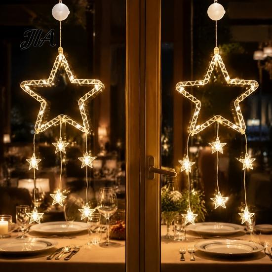 New Year Festive Atmosphere Light LED Christmas Window Star Decoration, Battery Operated Hanging Warm Indoor Outdoor Decorations Lighted Shaped
