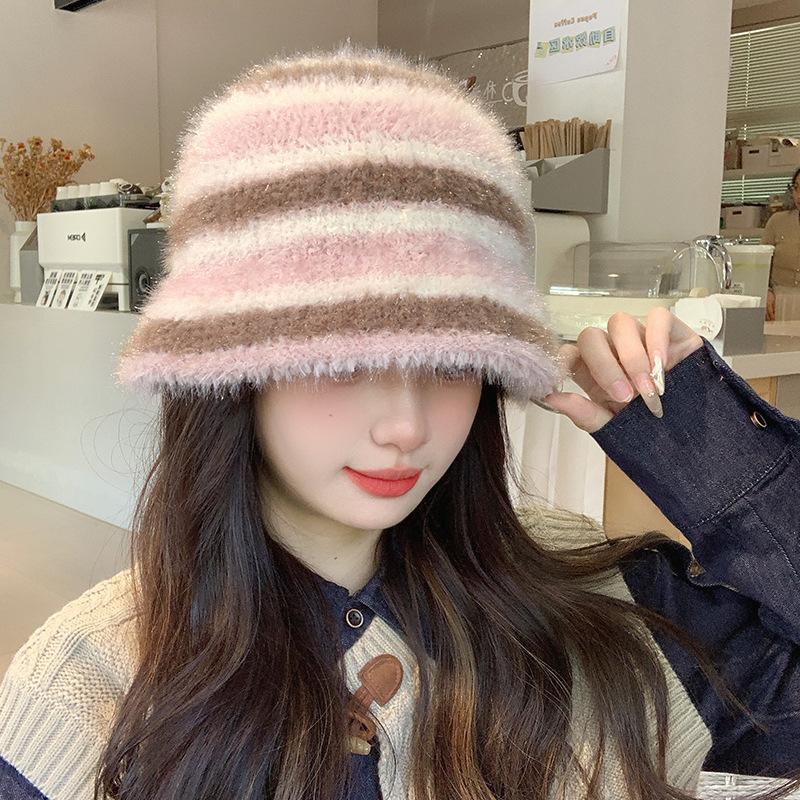 

Dopamine color matching fisherman s hat children winter thickened warm ear protection knitted basin hat show face small bucket hat
