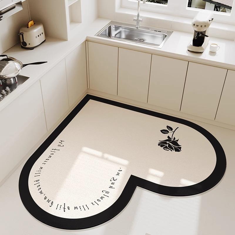 Kitchen Heart-shaped Carpet American Floral Pattern Water-absorbent Quick-drying Large Size Floor Mat Diatom Mud Non-slip Rug